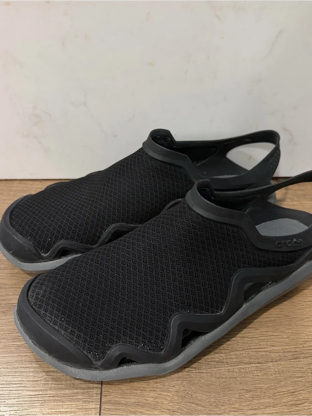 CROCS Black Mesh Slip-On Sandals with Gray Soles, 9